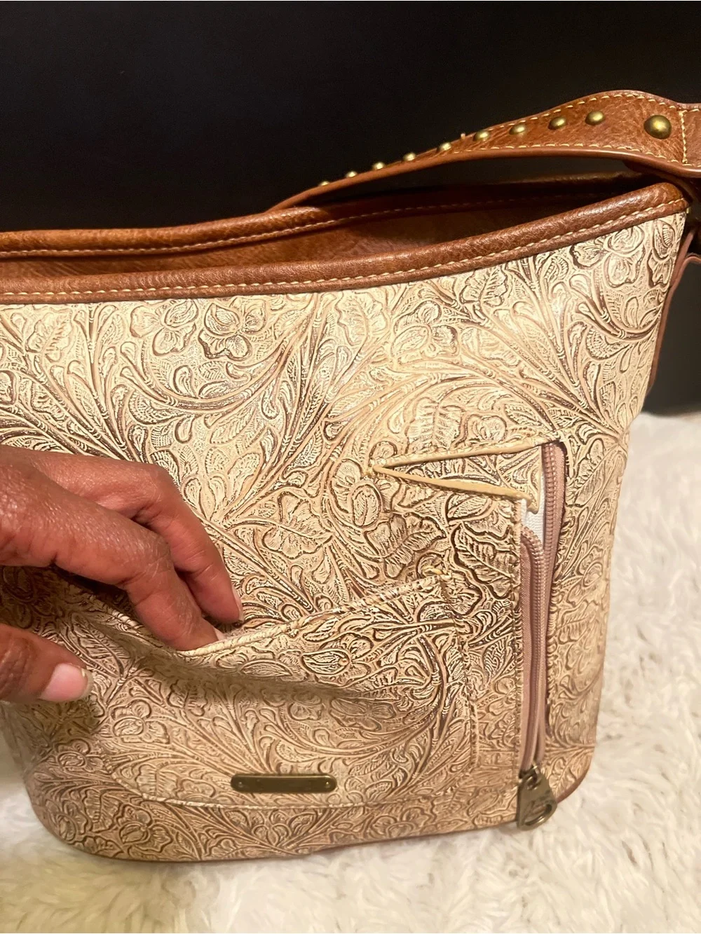 Montana West Tan and Cream Floral Embossed Western Shoulder Bag with Stud Cross
